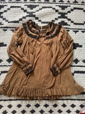 Free People Tan Boho Embroidered Ruffle Long-Sleeve Tunic